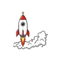 A stylized cartoon rocket ascends through a cloud of smoke and fire representing a successful launch into space. vector