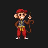 The image shows a cute cartoon monkey in a red hat and traditional Asian-inspired clothing, pointing upwards with a cheerful expression. vector