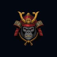 A fierce gorilla dons a traditional Japanese samurai helmet and armor, creating a powerful and intimidating image. vector