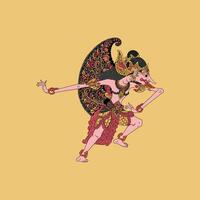 An illustration of a Javanese Wayang Kulit shadow puppet, showcasing intricate details and vibrant colors in a dynamic pose. vector