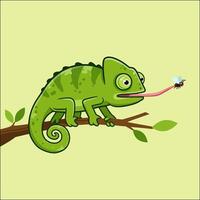 A cartoon green chameleon sits on a branch catching a fly with its long sticky tongue. vector