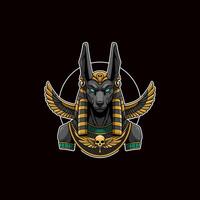 A stylized illustration of Anubis the Egyptian god of the dead depicted with wings and adorned in gold and green. vector