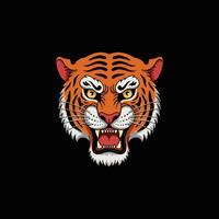 A stylized illustration depicts a tigers head with an open mouth showcasing sharp teeth, conveying ferocity and power. vector