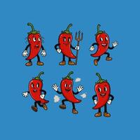 A set of six cartoon chili pepper characters expressing different emotions and actions. vector