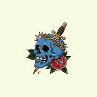 A stylized tattoo design depicting a blue skull pierced by a dagger adorned with a thorn crown and a red rose. vector