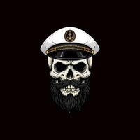 A stylized illustration of a skull with a long beard wearing a captain's hat and nautical insignia. vector