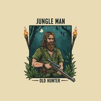 An illustration depicts a grizzled, bearded man in a jungle setting at night, holding a scoped rifle. vector