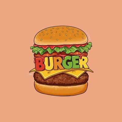 The image showcases a cartoon illustration of a visually appealing burger with its ingredients layered and the word burger creatively integrated into the design.