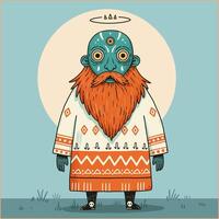 The image depicts a stylized illustration of a mystical man with a long red beard and a teal face wearing traditional clothing. vector