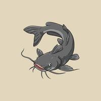 The image showcases a stylized cartoon drawing of a gray catfish swimming gracefully in a light beige background. vector