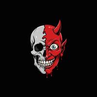 The image depicts a split face of a skull and a red devil head with horns symbolizing death and evil. vector