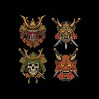 A digital illustration showcasing four detailed images of samurai helmets, skulls, and oni masks, each adorned with swords and flowers. vector