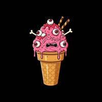 A cartoon illustration of a pink ice cream cone with multiple eyeballs and bones as a spooky Halloween treat. vector