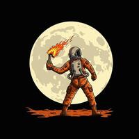 An astronaut stands on a lunar landscape holding a flaming molotov cocktail against the backdrop of a large moon. vector