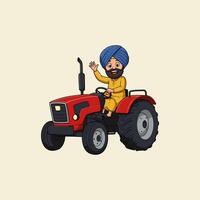 A cheerful Sikh farmer in traditional attire happily waves from his red tractor. vector