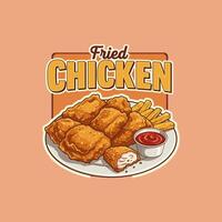 A plate of fried chicken pieces served with french fries and a side of ketchup. vector