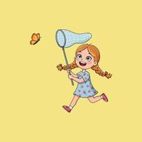 A cheerful girl with pigtails runs excitedly, chasing a butterfly with a net in a sunny outdoor setting. vector