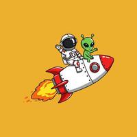 A cartoon astronaut and alien are joyfully riding a rocket, embarking on a space adventure together. vector