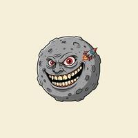 A cartoon illustration depicts an angry moon face with a rocket embedded in its side, displaying a menacing grin. vector