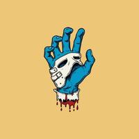 A severed blue hand wearing a white mask is depicted with blood dripping from the wrist. vector