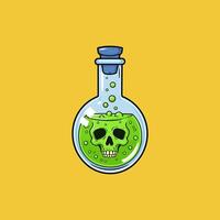 The illustration depicts a glass flask filled with bubbling green liquid containing a skull. vector
