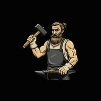 A powerful blacksmith with a beard stands at his anvil holding a large hammer ready to strike. vector