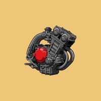 A detailed illustration showcases a motorcycle engine with red and grey components against a pale yellow background. vector