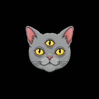 A stylized illustration depicts a grey cat with three yellow eyes against a black background creating a mystical and surreal image. vector