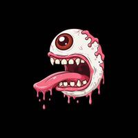 The image depicts a cartoonish monster eyeball with a wide open mouth, sharp teeth, and a long pink tongue dripping with a viscous substance. vector