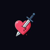 A stylized illustration depicts a red heart pierced by a dagger with blood dripping down signifying heartbreak. vector