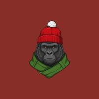 A stylized illustration of a gorilla wearing a red knit hat with a pompom and a green scarf against a maroon background. vector