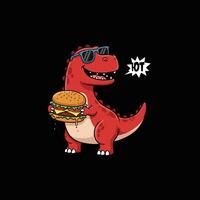 A cartoon dinosaur wearing sunglasses holds a juicy cheeseburger, appearing happy and enjoying its meal. vector