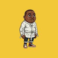 A stylized cartoon illustration of a large man in a white straitjacket and orange sneakers against a yellow background. vector