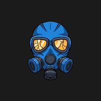 A stylized illustration of a blue skull wearing a gas mask with cracked goggles, presented in a dark background. vector