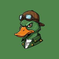 The image shows a stylized cartoon duck wearing aviator goggles and a cap a green jacket. vector