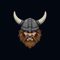 A fierce illustration of a Viking warrior's head, adorned with a horned helmet and a long beard, displaying an angry expression. vector