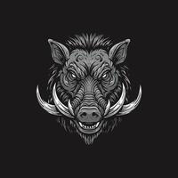 A grayscale illustration depicts the aggressive head of a wild boar with prominent tusks and a fierce expression. vector