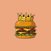 A cartoon illustration depicts a double cheeseburger topped with a golden crown symbolizing its supreme status. vector
