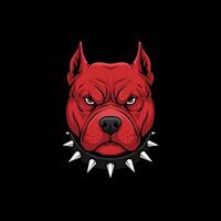 A graphic illustration depicts a red pitbulls head wearing a spiked collar set against a black background. vector