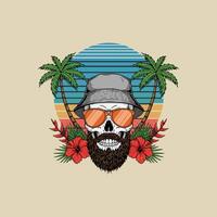 A stylized illustration of a skull with a beard, sunglasses and bucket hat, set against a tropical sunset scene. vector