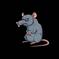 A grumpy cartoon rat sits on a black background with a scowling expression. It is a digital illustration. vector