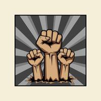 A stylized image depicting three powerful fists emerging from a broken surface, symbolizing collective strength and resistance. vector