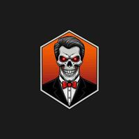 A stylized skull wearing a suit and bowtie is depicted within a hexagonal frame against an orange background. vector