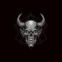 A grayscale illustration depicts a menacing demonic skull with large horns set against a geometric background. vector
