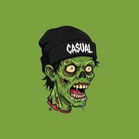 A cartoon illustration depicts a decaying zombie head wearing a black beanie with the word casual on it. vector