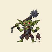 An illustration of an angry green goblin wielding a spiked club and holding a dead rat. vector