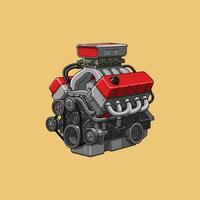 A detailed illustration showcases a powerful V8 engine with red valve covers and various components clearly visible. vector