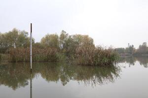 Lake in Greifswald, Mecklenburg-Vorpommern, Germany, with a leveling board to measure the water level. photo