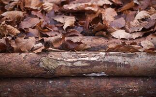 Leaves and wood in beech forest. photo