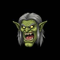 A digital illustration depicts the head of an angry green goblin with gray hair and glowing eyes, its mouth open in a scream. vector